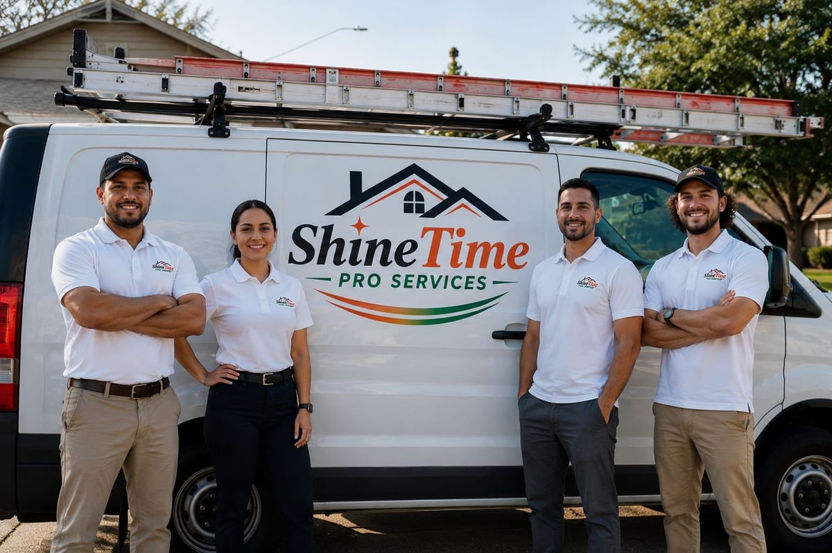 Four ShineTime Pro Services employees standing in front of their white work van with the company logo and ladder rack visible
