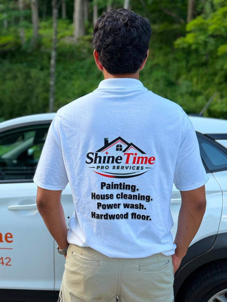 Man wearing light blue Shine Time Pro Services work shirt from behind, showing company logo and services listed on back, with parked vehicles visible.