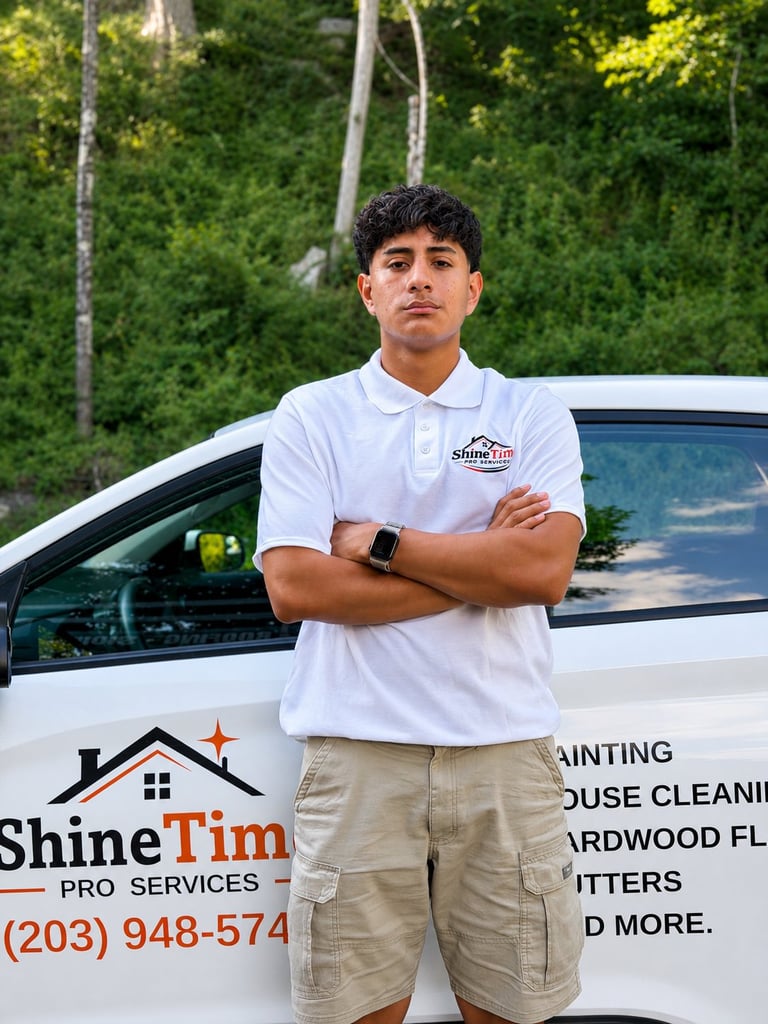 Man in white ShineTim polo shirt standing with crossed arms in front of service vehicle with company branding and tree line background